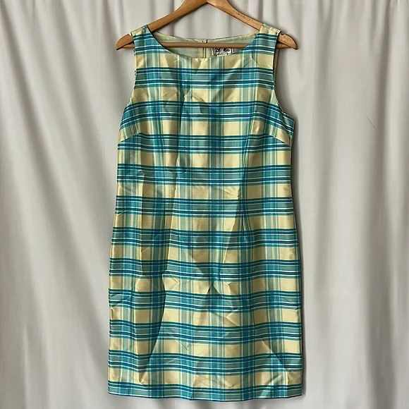 Bob Mackie Studio 💯% Silk Yellow/Blue Plaid Sleeveless Sheath Dress **Size 10** - Picture 1 of 3